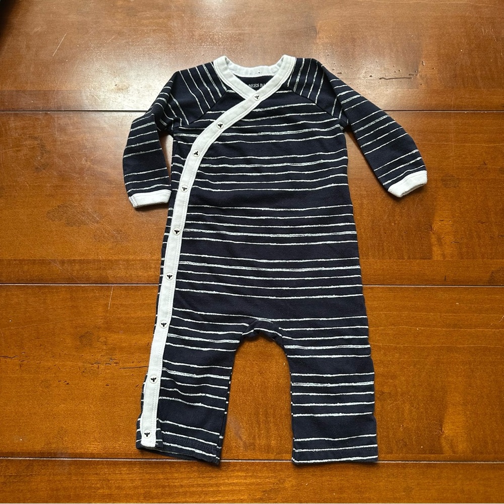 Burts Bees Baby Navy+White Stripe Romper- 0-3m Snap Buttons Front Long Sleeve